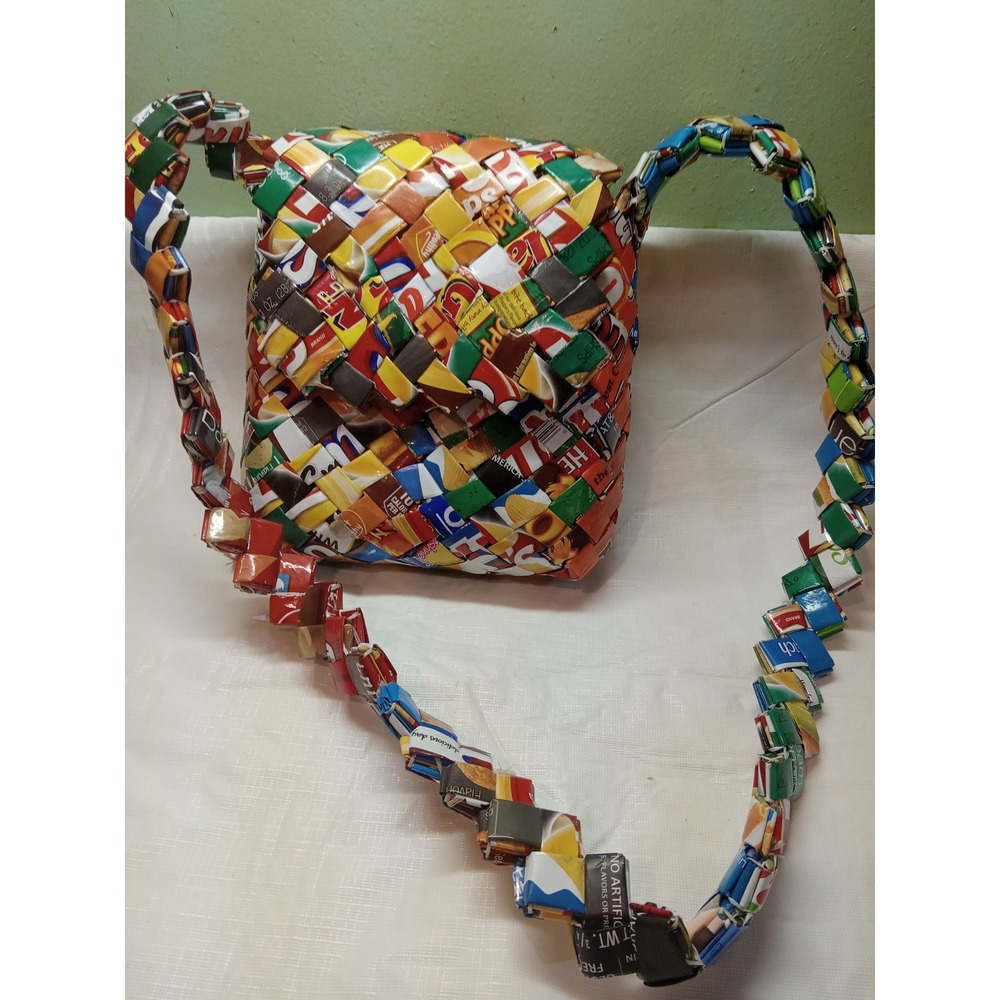 Handmade Recycled Candy Snack Wrapper Woven Crossbody Bag Multicolor Pop Art Eco